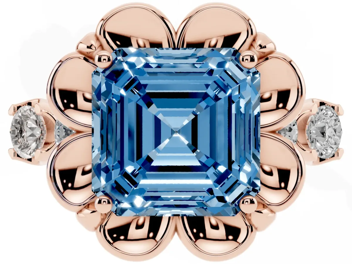 Fancy Blue Asscher Cut Cut Diamond Floral Halo Engagement Ring with Shared Prong Setting Rose gold