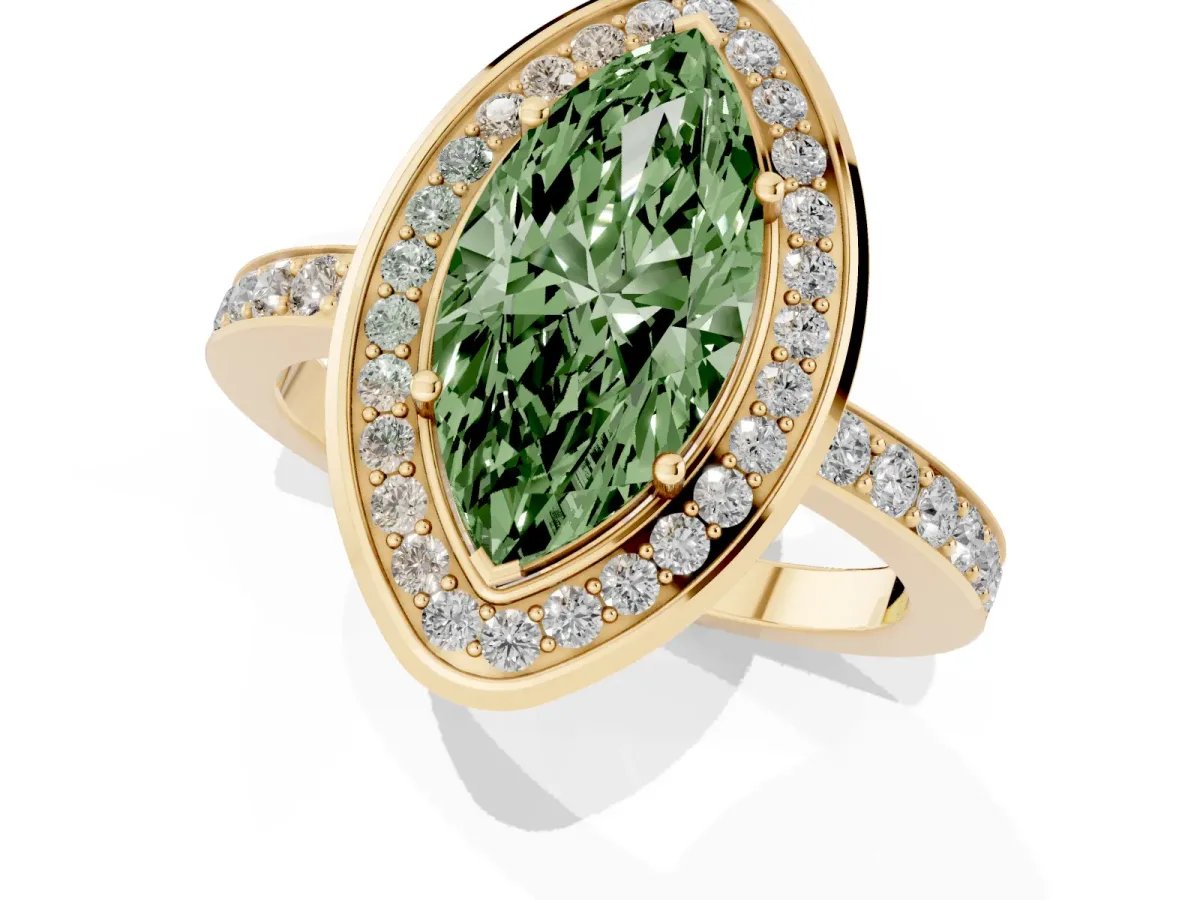 Fancy Green Marquise Cut Diamond Halo Ring with Bezel Frame and Pavé Band Yellow gold