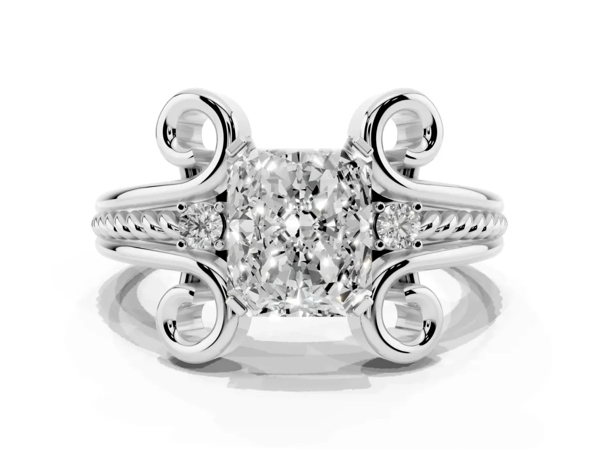 Radiant Cut Solitaire Twisted Band Scroll Prong Ring Platinum