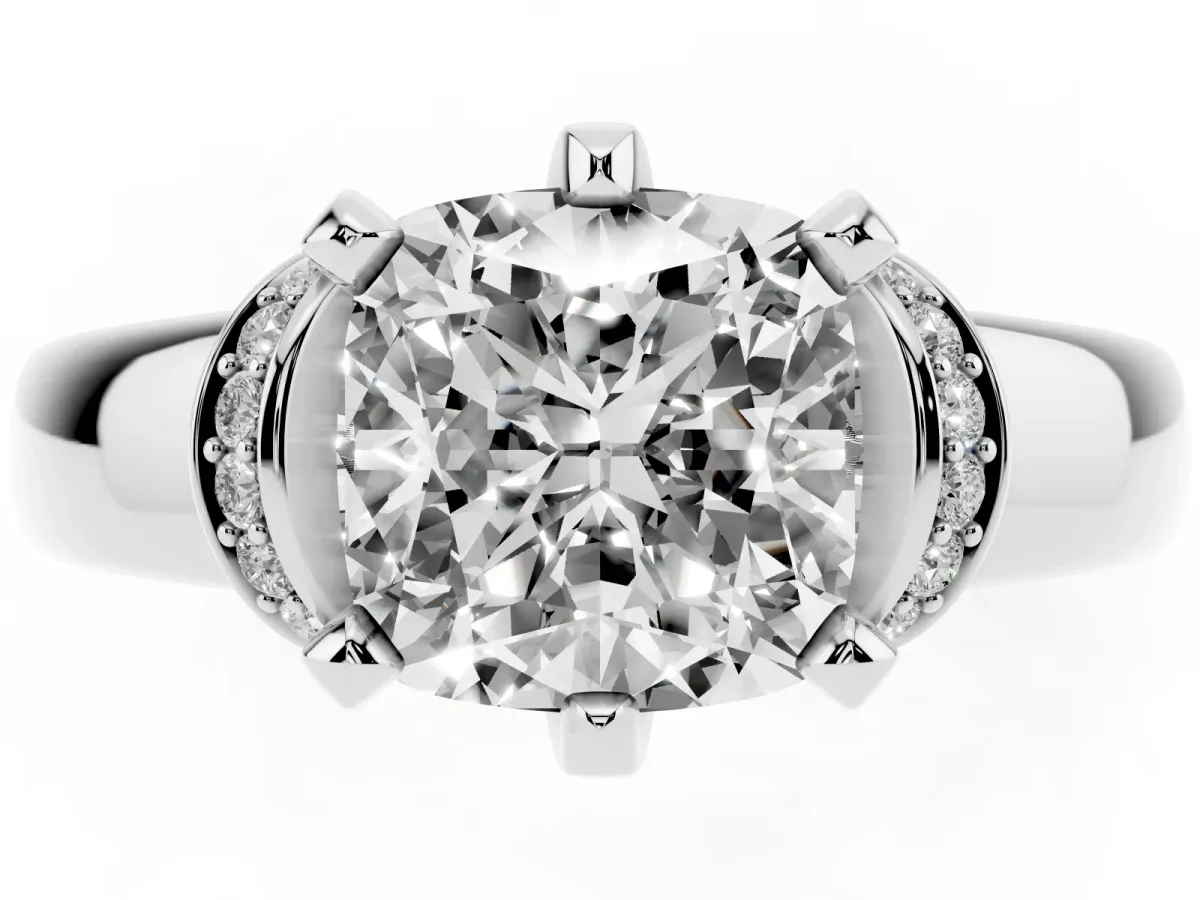Cushion Cut Solitaire Diamond Ring with Pave Band and Six-Prong Setting Silver