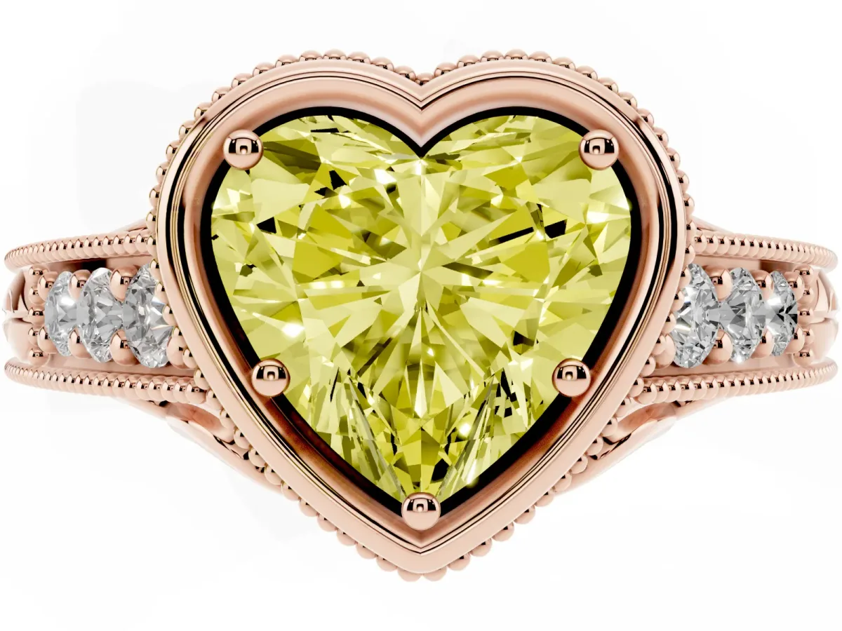 Fancy Yellow Bezel Set Heart Cut Diamond Milgrain Pave Engagement Ring Rose gold