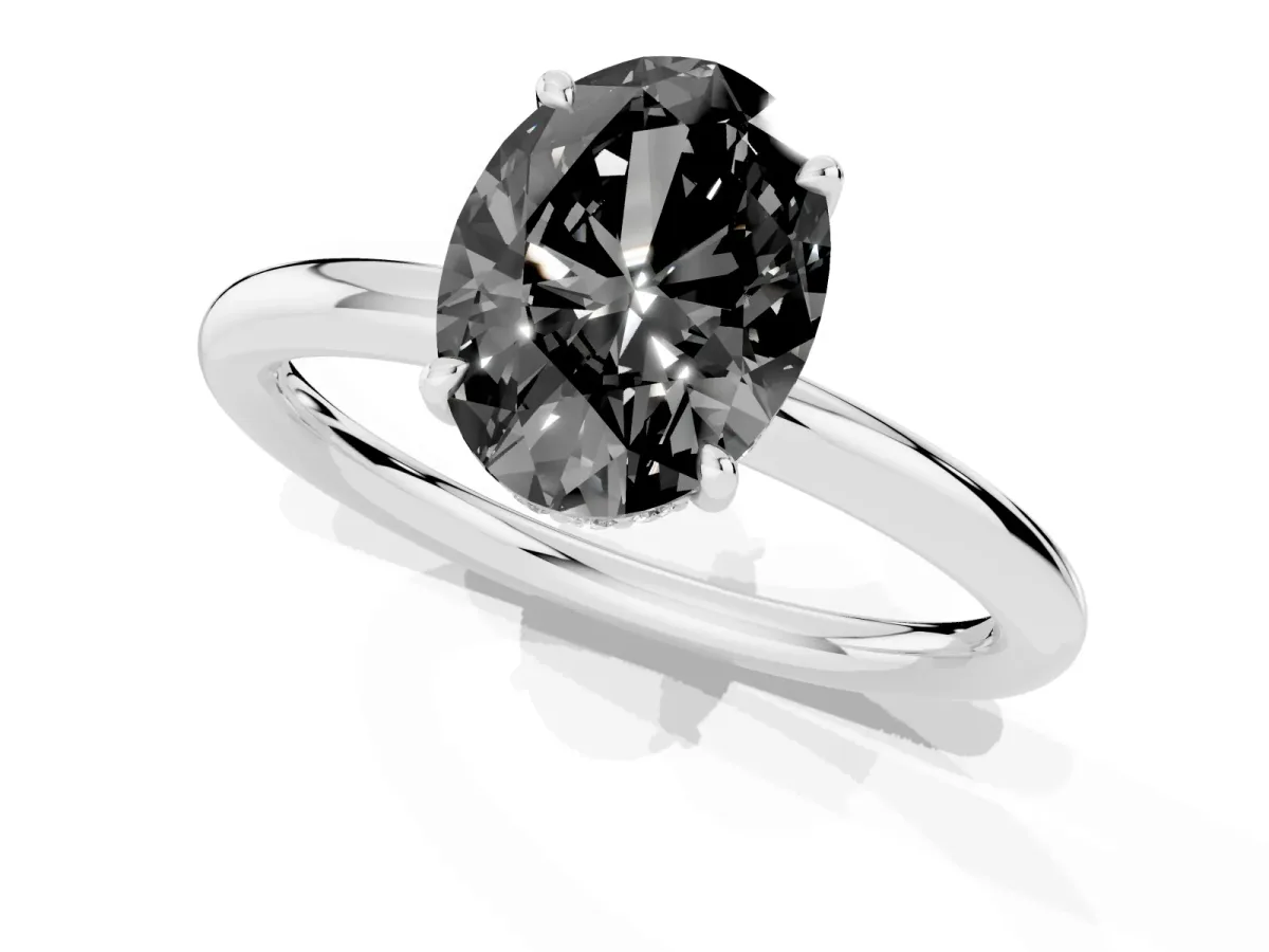 Fancy Black Oval Cut Diamond Solitaire Ring with Thin Band and Four-Prong Setting Platinum