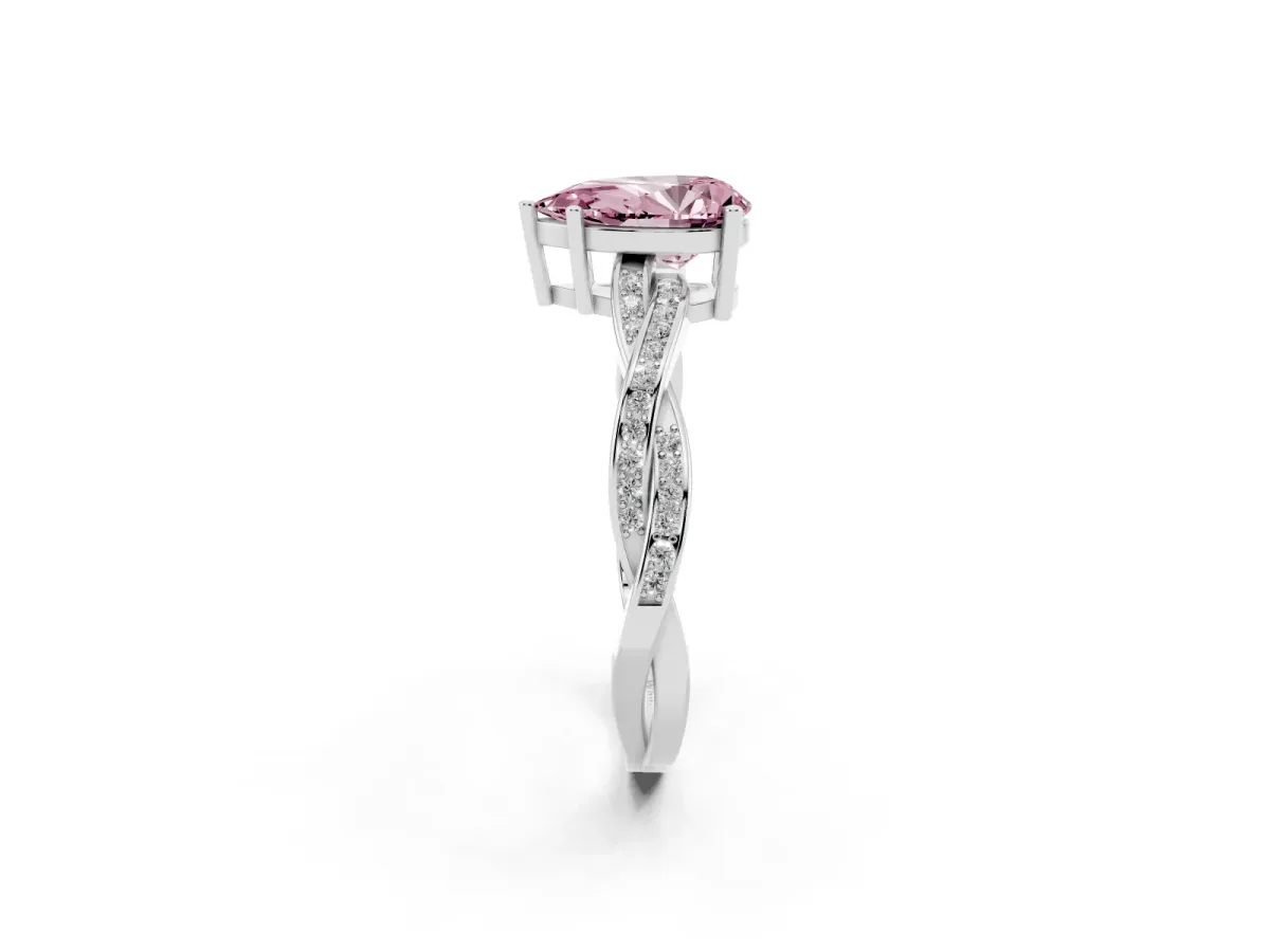 Fancy Pink Pear Cut Solitaire Twisted Pave Diamond Ring with Four-Prong Setting Silver