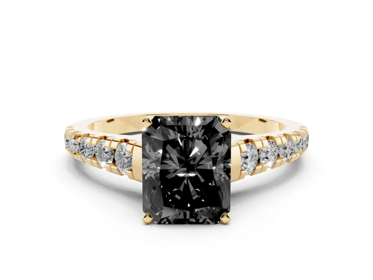 Fancy Black Radiant Cut Diamond Cathedral Solitaire Ring with Round Pavé Band Yellow gold