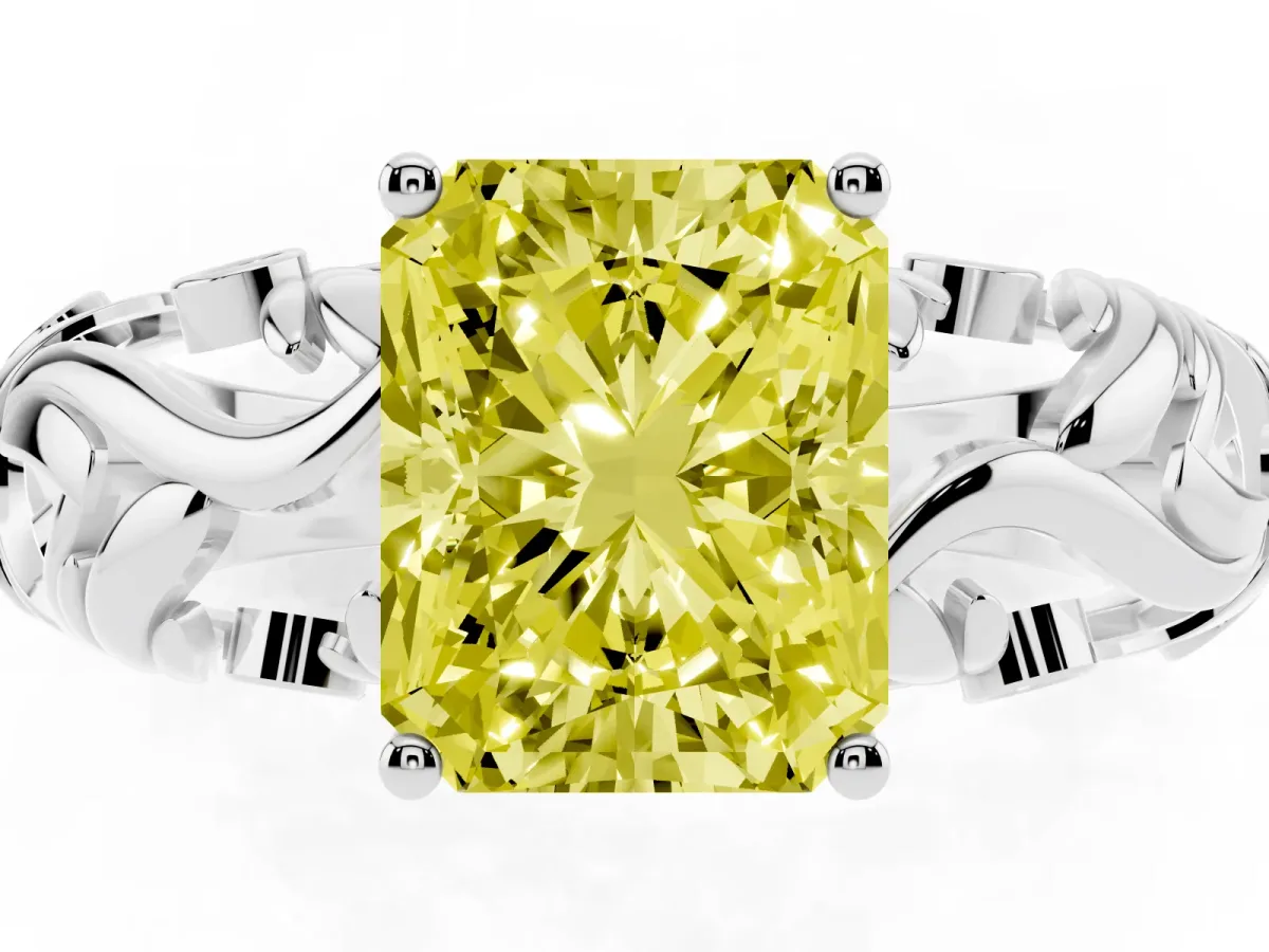 Fancy Yellow Radiant Cut Solitaire Diamond Leaf-Inspired Vine Band Ring with Prong Setting White gold