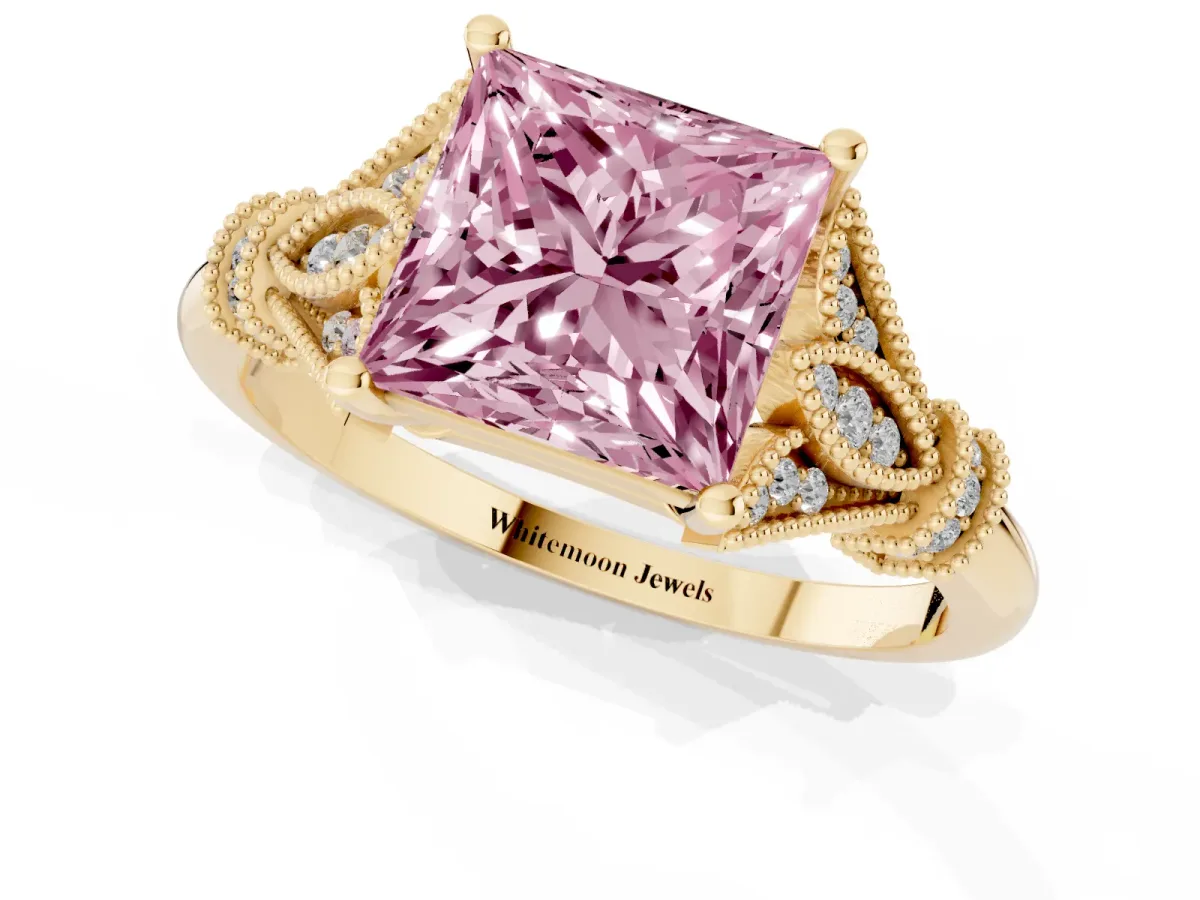 Fancy Pink Princess Cut Diamond Solitaire Ring with Floral Filigree and Pave Accents Yellow gold