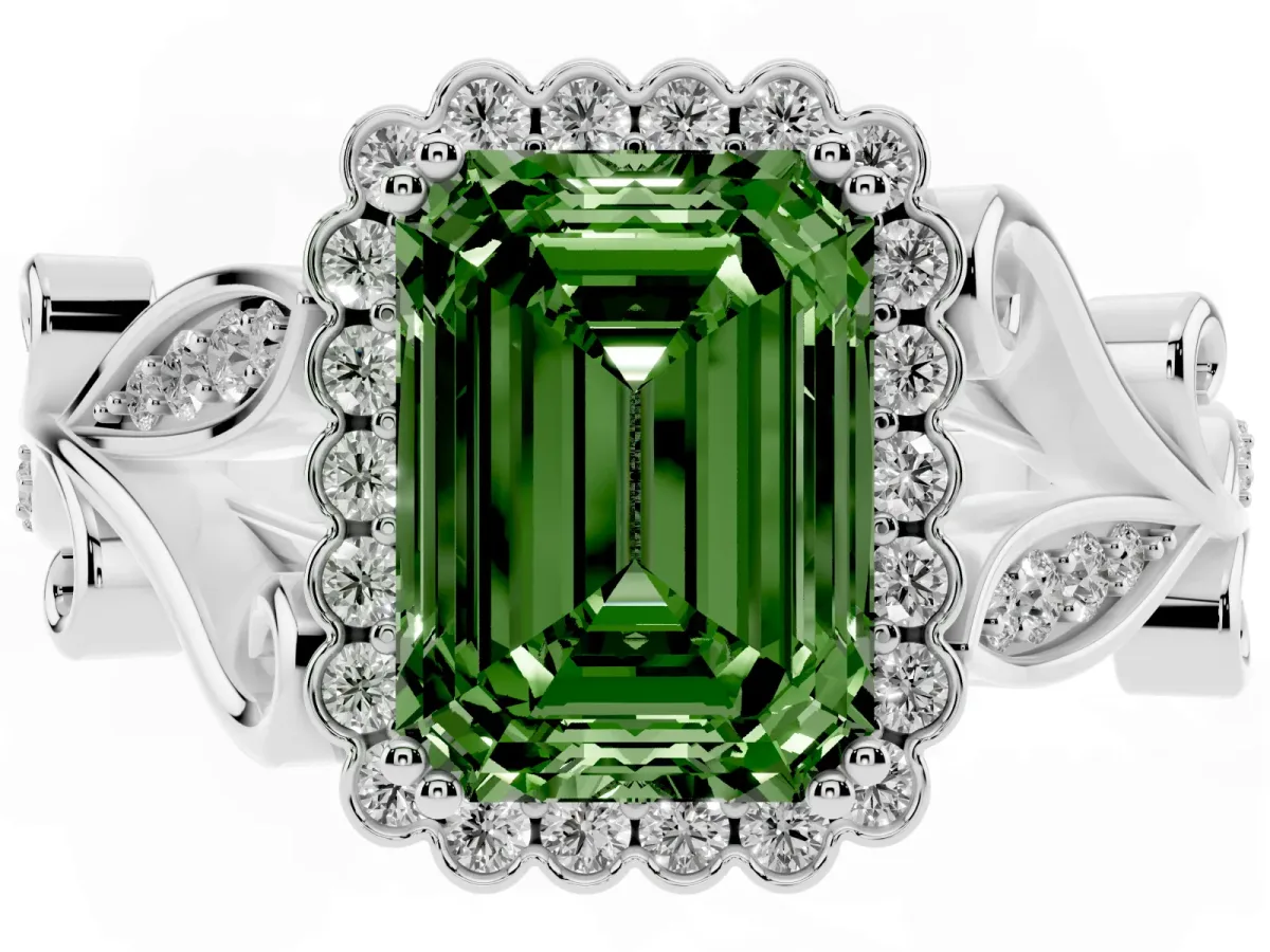 Fancy Green Emerald Cut Diamond Halo Ring with Vintage Split Shank and Four-Prong Setting Silver