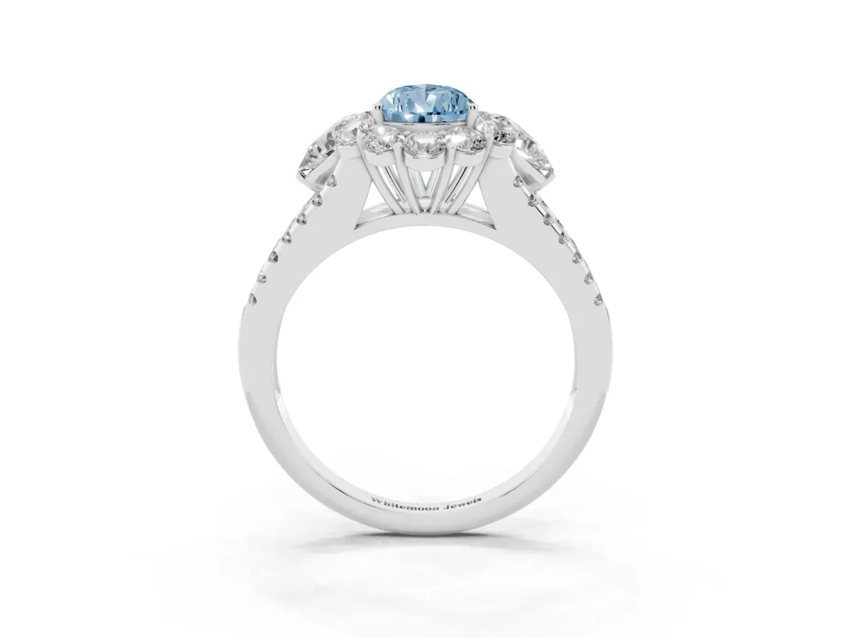 Fancy Blue Pear Cut Halo Split Shank Diamond Engagement Ring with Prong Setting Platinum