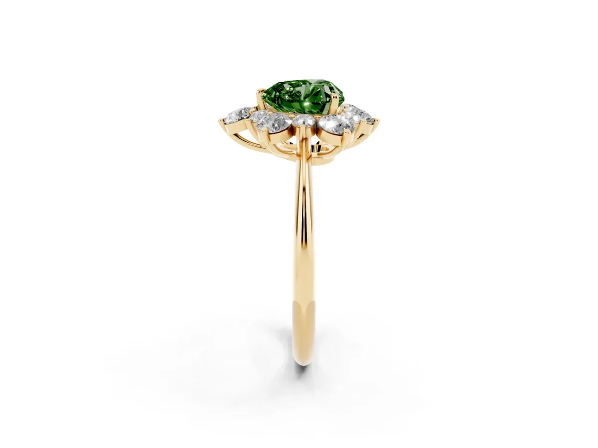 Fancy Green Heart Cut Diamond Cluster Halo Ring with Solitaire Band and Four-Prong Setting Yellow gold