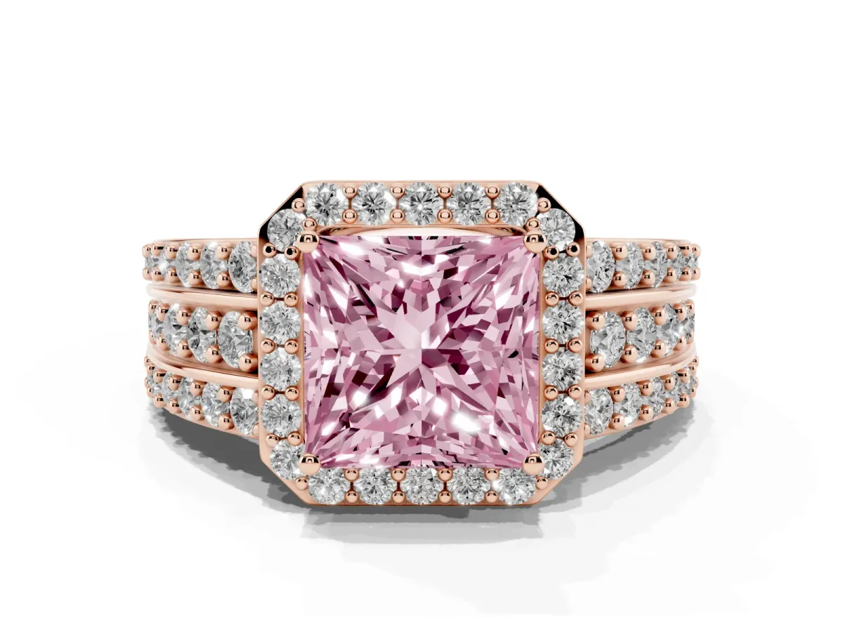 Fancy Pink Princess Cut Halo Diamond Ring with Round Split Shank and Prong Setting Rose gold
