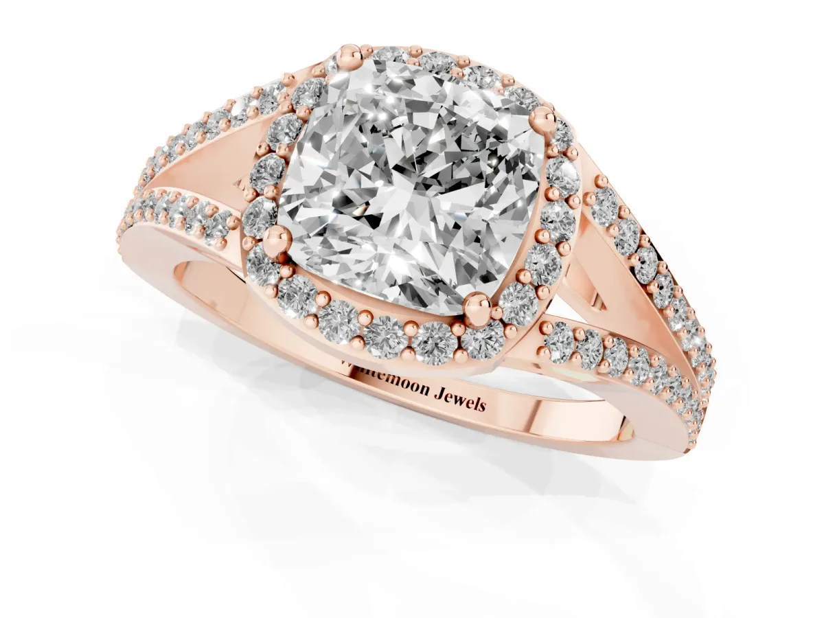 Cushion Cut Halo Split Shank Pave Diamond Ring with Four-Prong Setting Rose gold