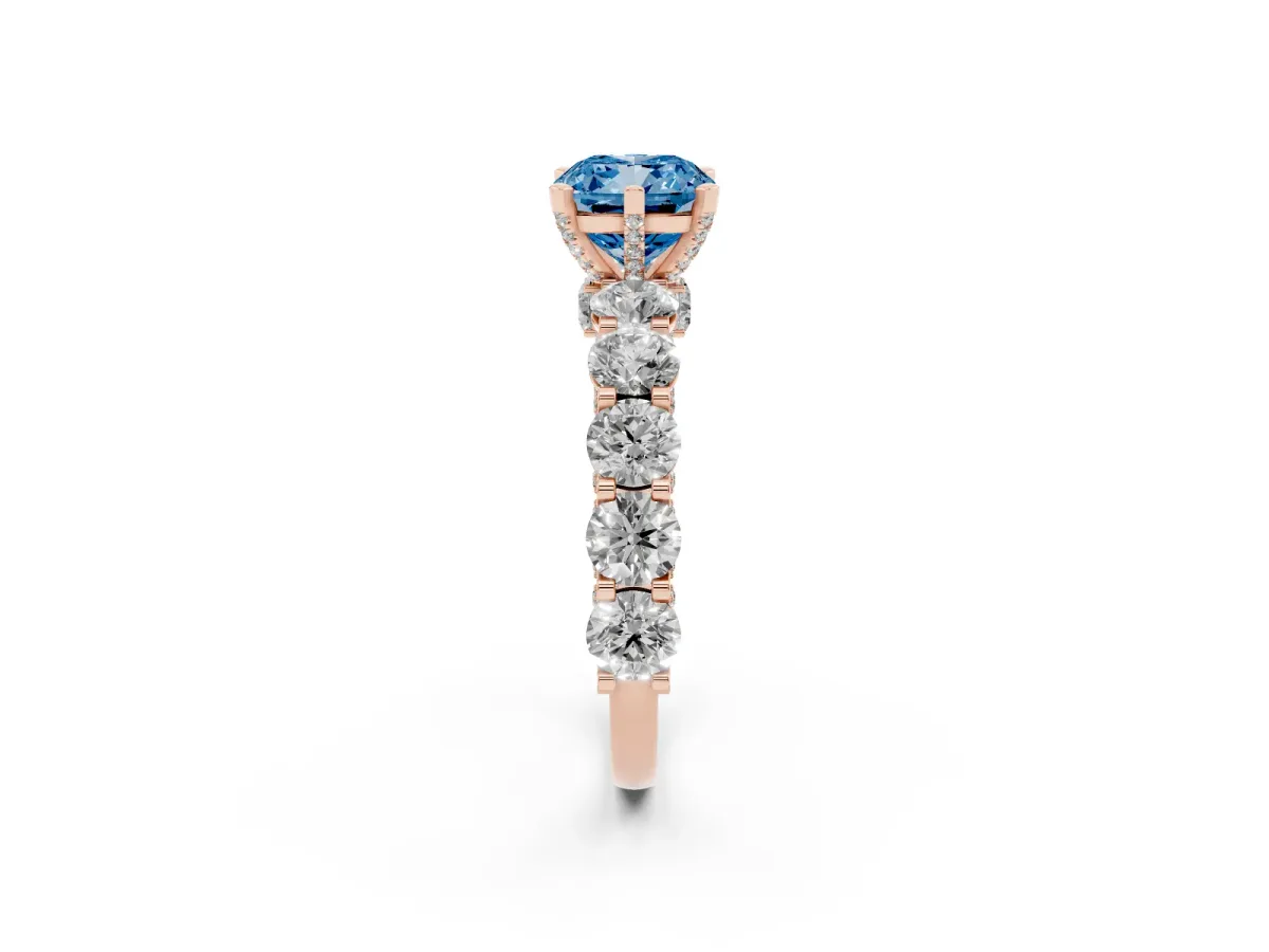 Fancy Blue Cushion Cut Diamond Side Stone Engagement Ring with Four-Prong Setting Rose gold