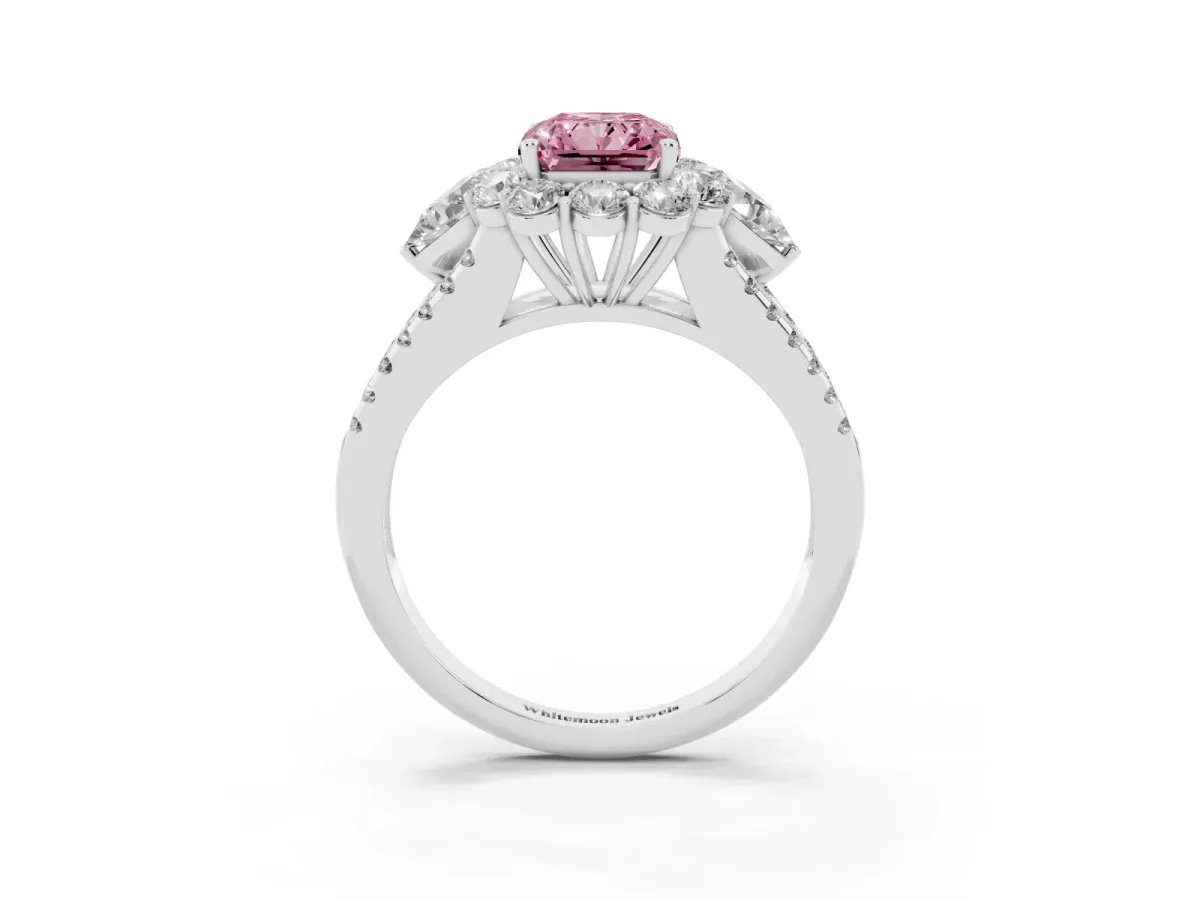 Fancy Pink Radiant Cut Halo Split Shank Diamond Engagement Ring with Prong Setting Silver