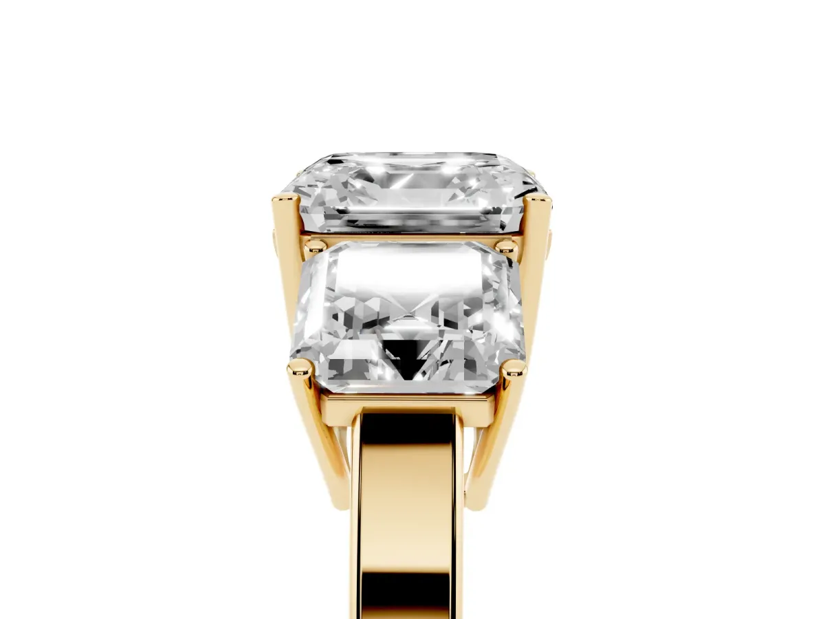 Three-Stone Asscher Cut Cut Diamond Engagement Ring with Flat Band and Four-Prong Setting Yellow gold