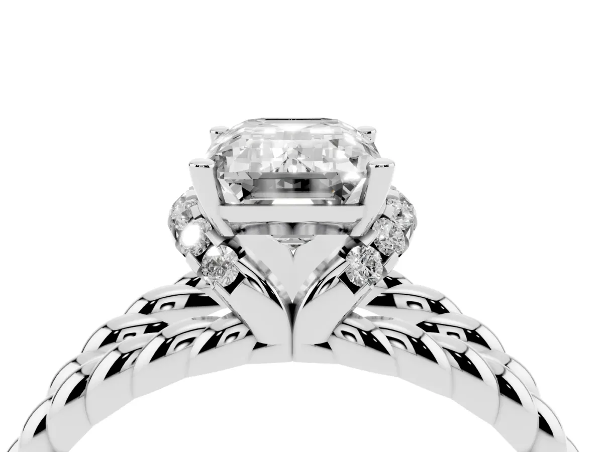 Emerald Cut Halo Twisted Band Four-Prong Ring Silver