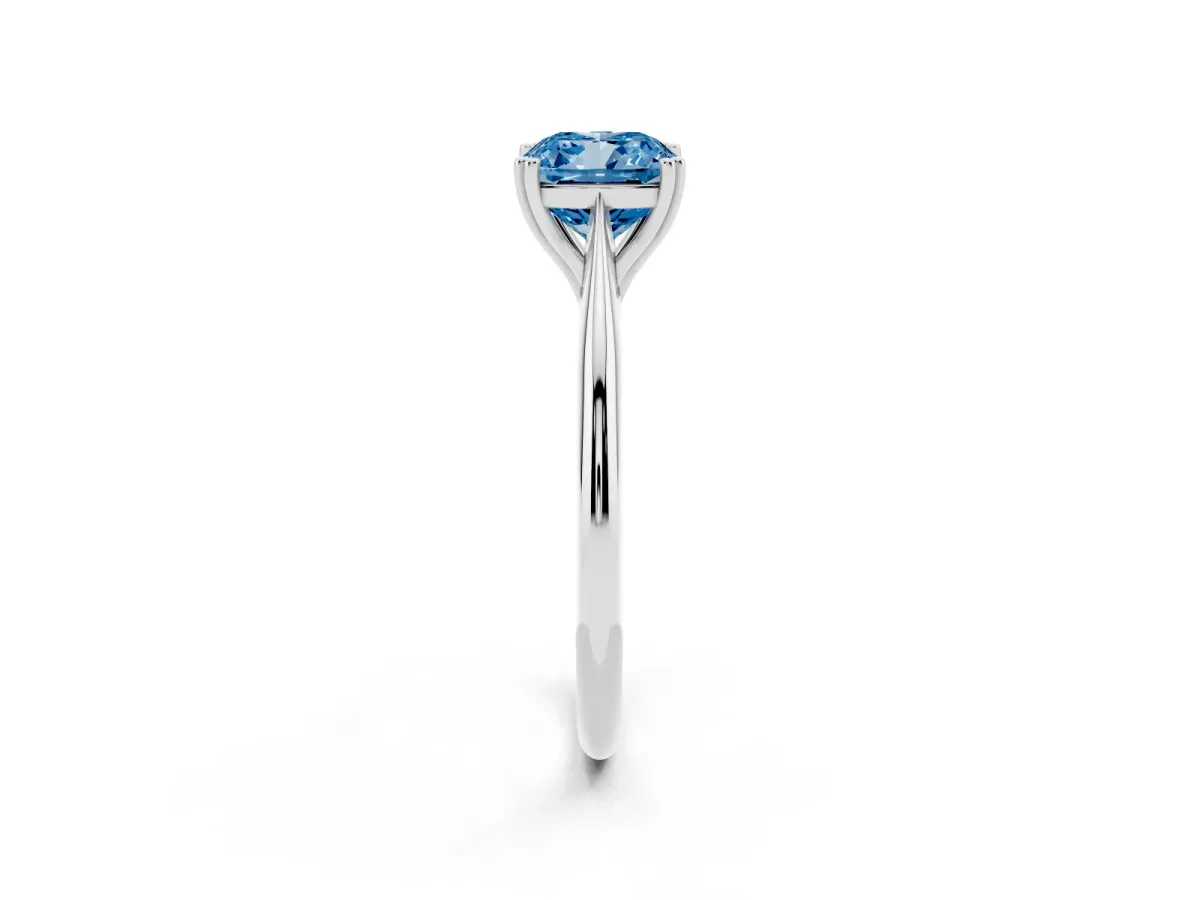 Fancy Blue Cushion Cut Solitaire Diamond Ring with Six-Prong Setting and Classic Band Silver