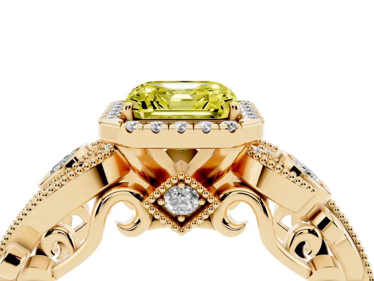Fancy Yellow Asscher Cut Halo Diamond Ring with Milgrain and Bezel Accents on a Split Shank Band Yellow gold