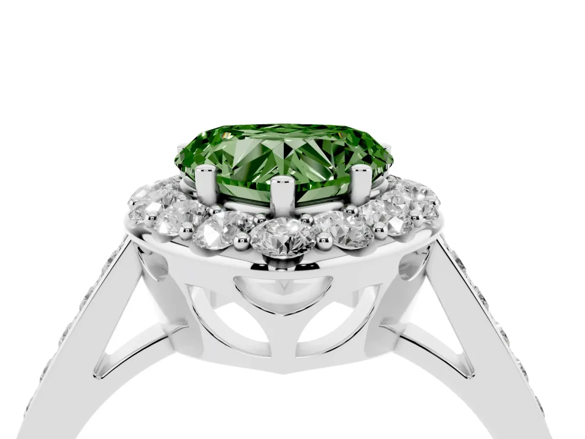 Fancy Green Heart Cut Diamond Floral Halo Ring with Pavé Band and Prong Setting Platinum