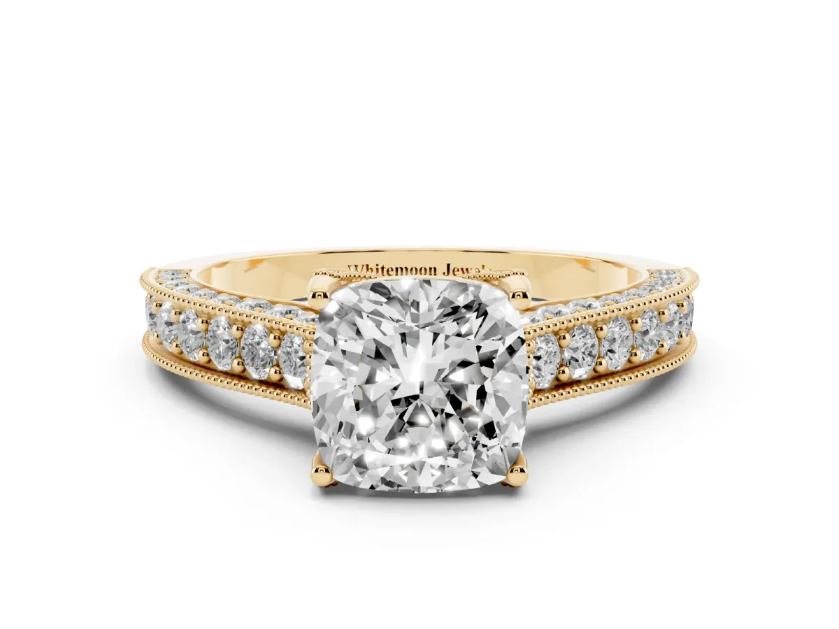 Cushion Cut Cut Diamond Solitaire Ring with Milgrain Pave Band and Four Prong Setting Yellow gold
