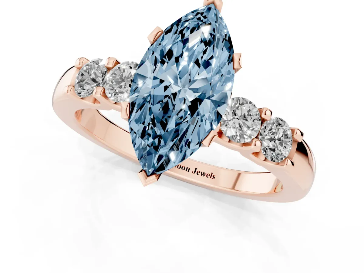 Fancy Blue Marquise Cut Brilliant Cut Diamond Five-Stone Prong Set Engagement Ring with Channel Band Rose gold