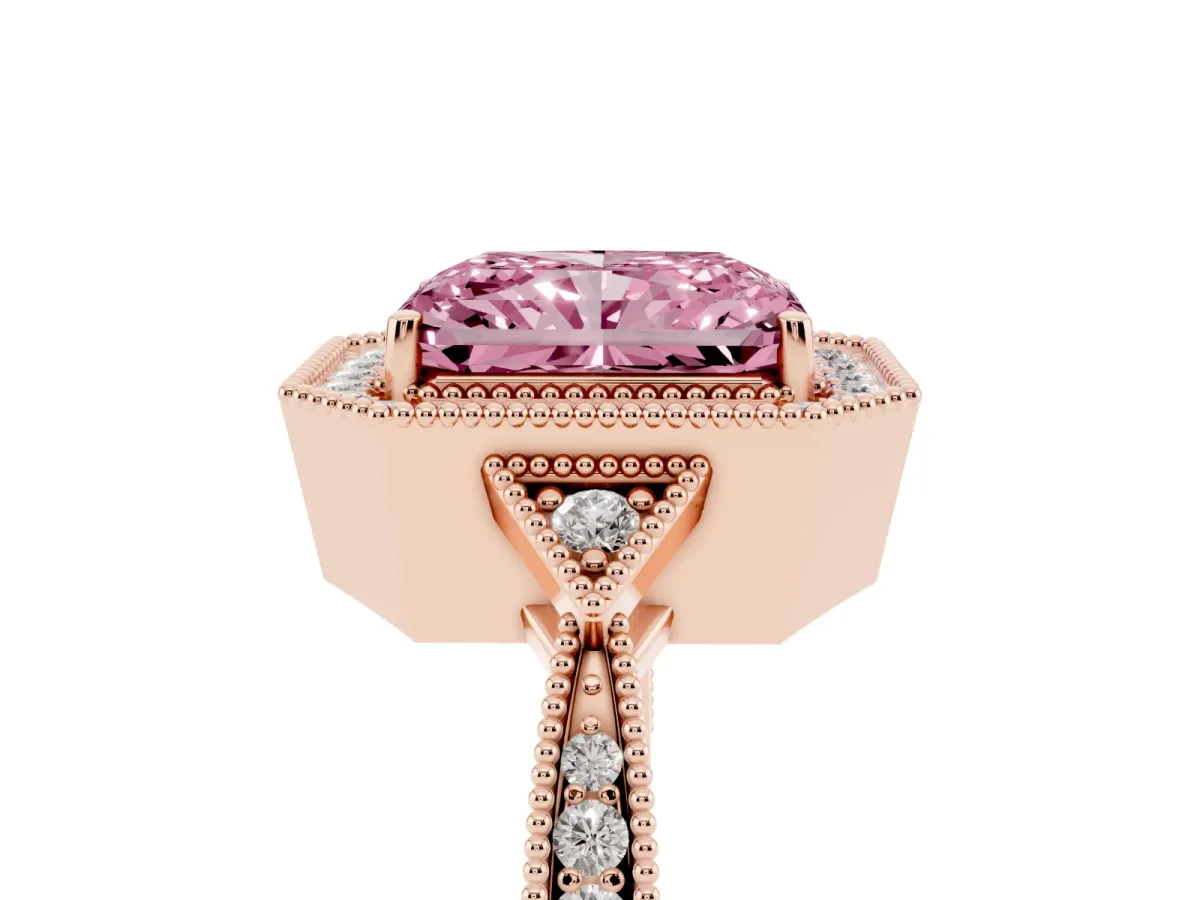 Fancy Pink Radiant Cut Halo Round Diamond Milgrain Pave Engagement Ring Rose gold