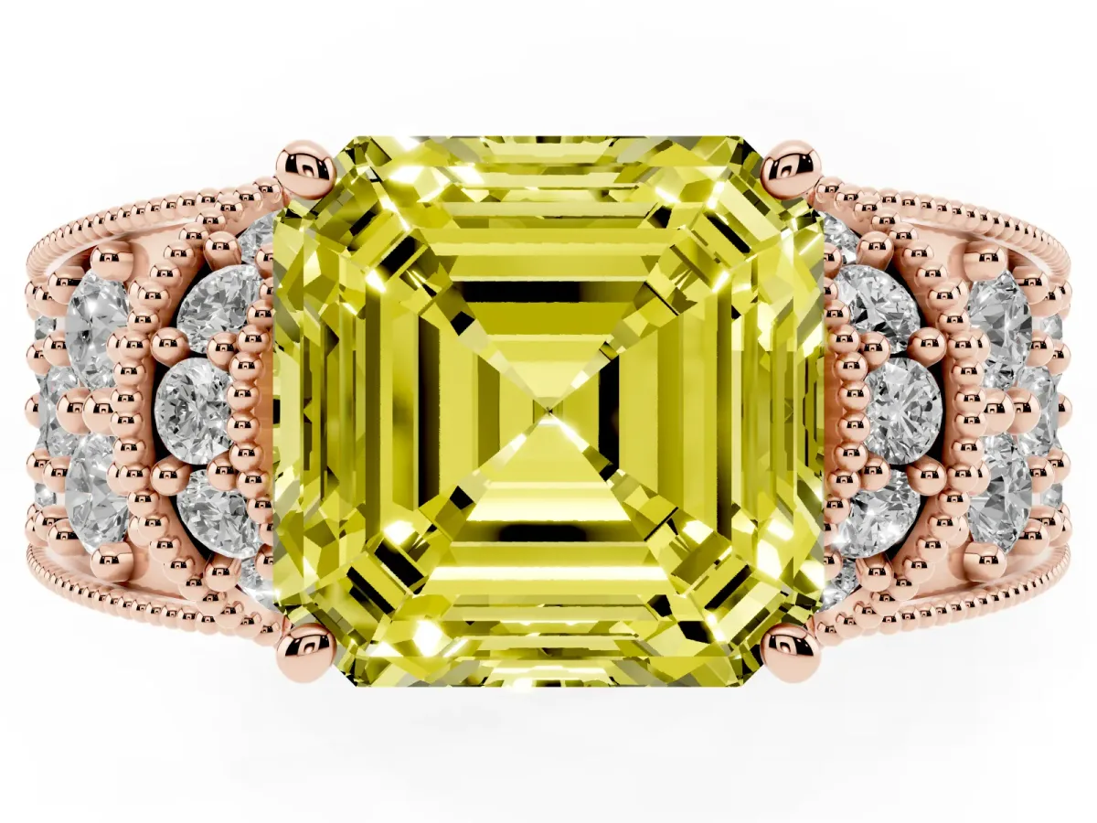 Fancy Yellow Asscher Cut Halo Pave Diamond Engagement Ring with Milgrain Detailing Rose gold