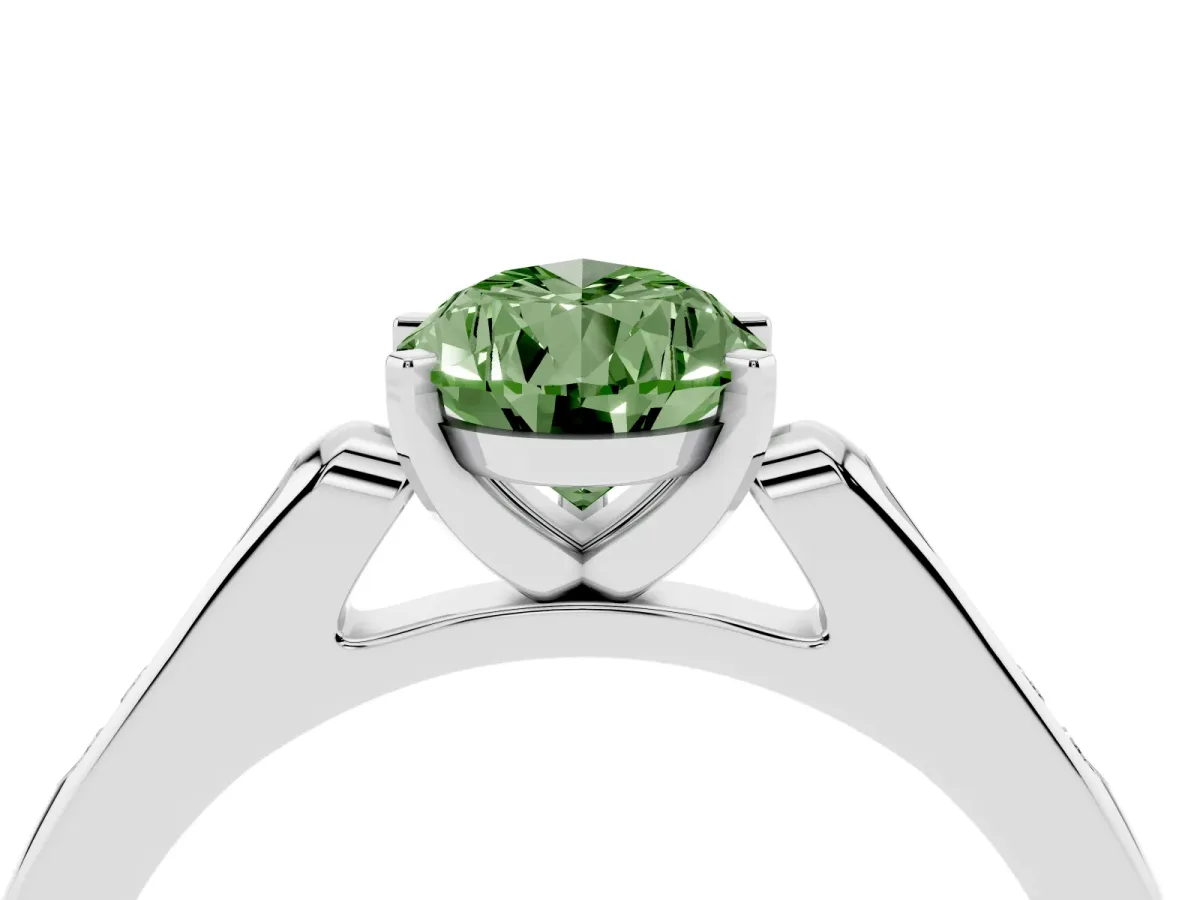 Fancy Green Pear Cut Diamond Solitaire Ring with Channel Set Round Band and Prong Setting Silver