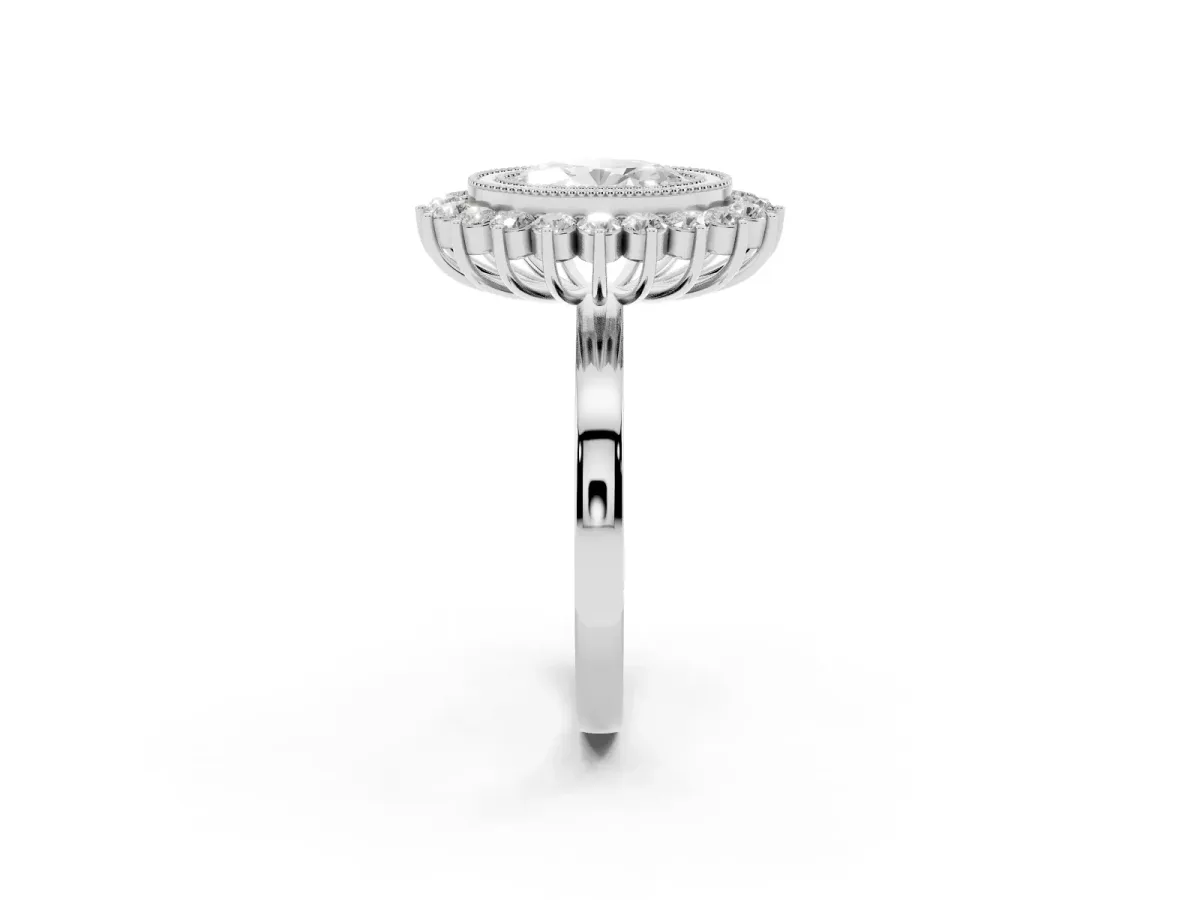 Oval Cut Halo Diamond Ring with Milgrain Edge and Round Prong Setting Silver