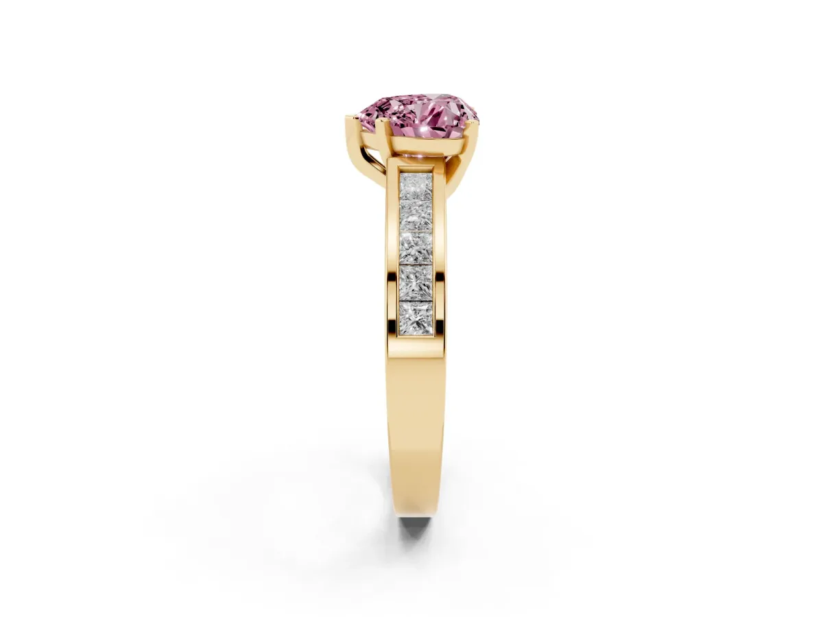 Fancy Pink Heart Cut Solitaire Diamond Ring with Channel-Set Band and Four-Prong Setting Yellow gold