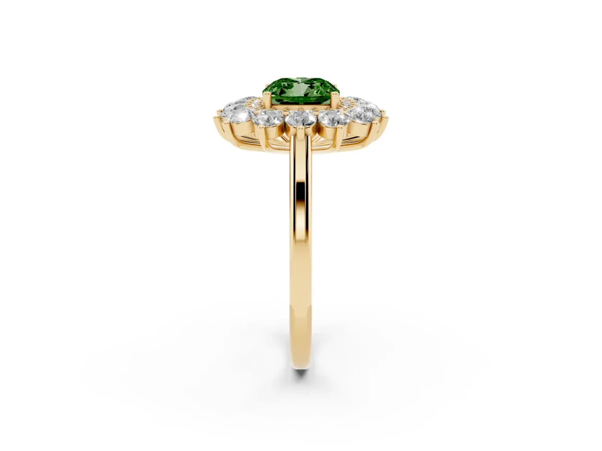 Fancy Green Cushion Cut Diamond Floral Double Halo Engagement Ring with Prong Setting Yellow gold