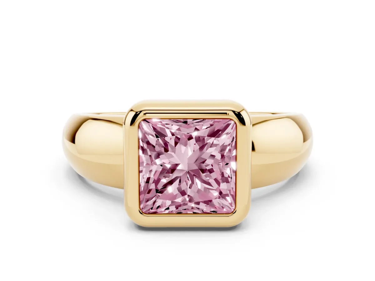 Fancy Pink Bezel Set Princess Cut Solitaire Ring with Wide Band Yellow gold
