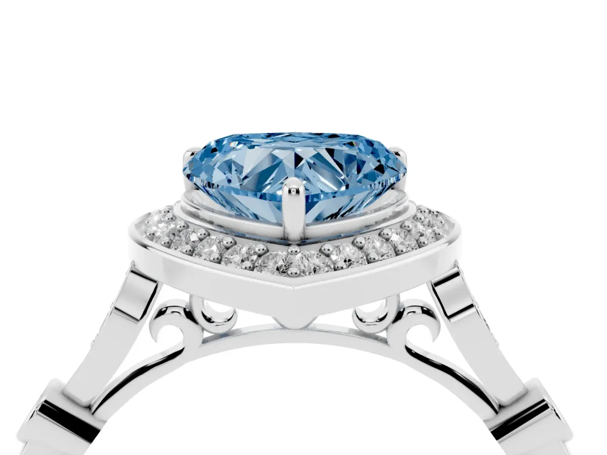 Fancy Blue Heart Cut Halo Diamond Engagement Ring with Twisted Band and Four-Prong Setting Platinum