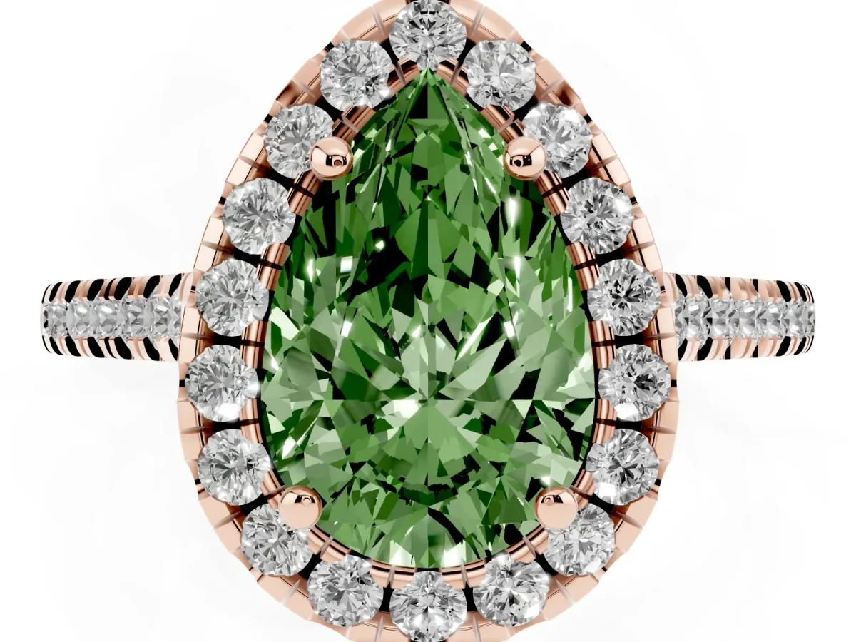 Fancy Green Pear Cut Diamond Cushion Halo Ring with Pavé Band Rose gold