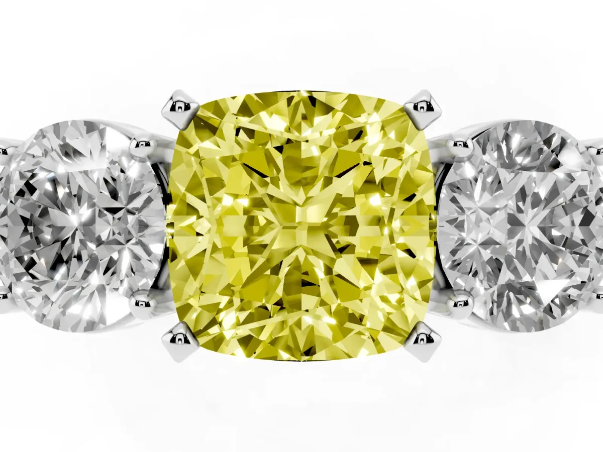 Fancy Yellow Three-Stone Cushion Cut Diamond Ring with Round Side Stones, Classic Band, and Four-Prong Setting Silver