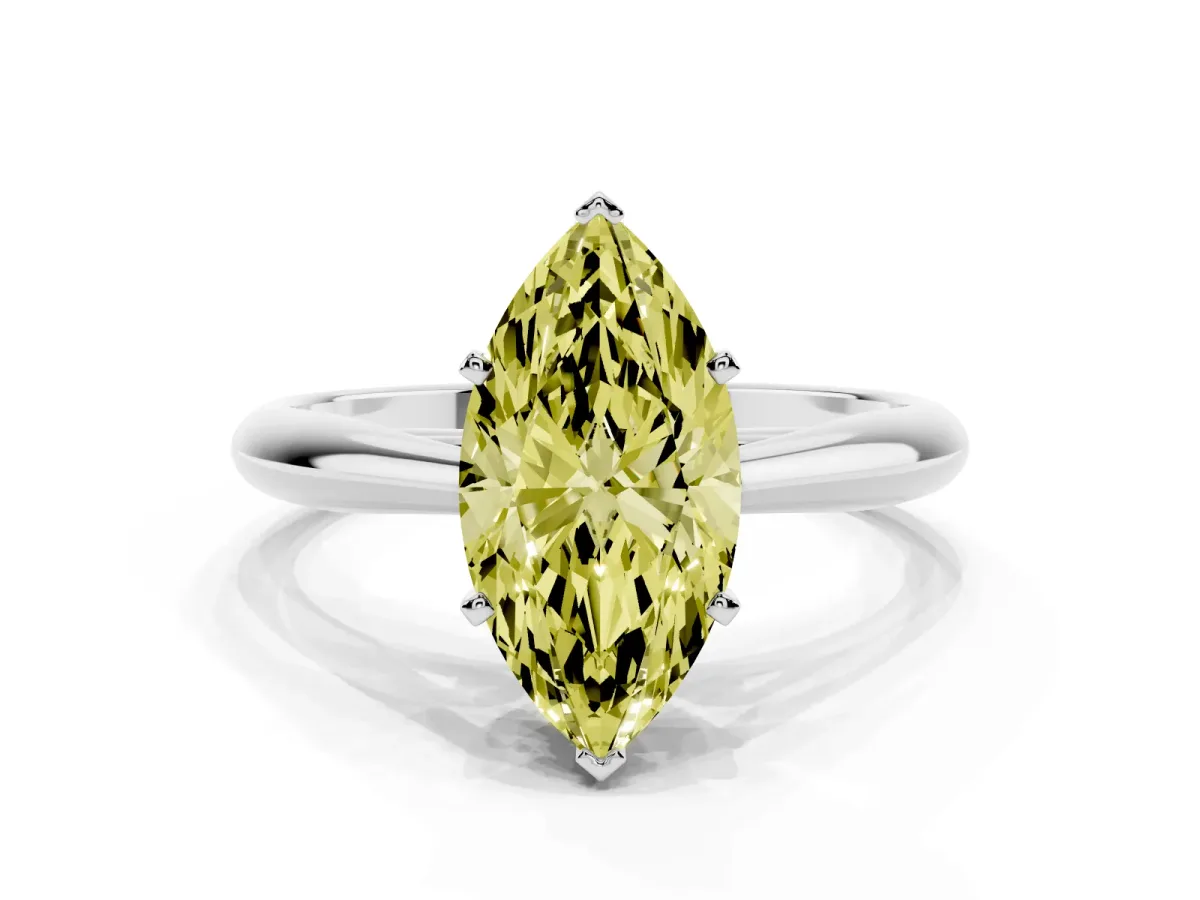 Fancy Yellow Marquise Cut Diamond Solitaire Engagement Ring with Cathedral Setting and Four-Prong Mount Platinum