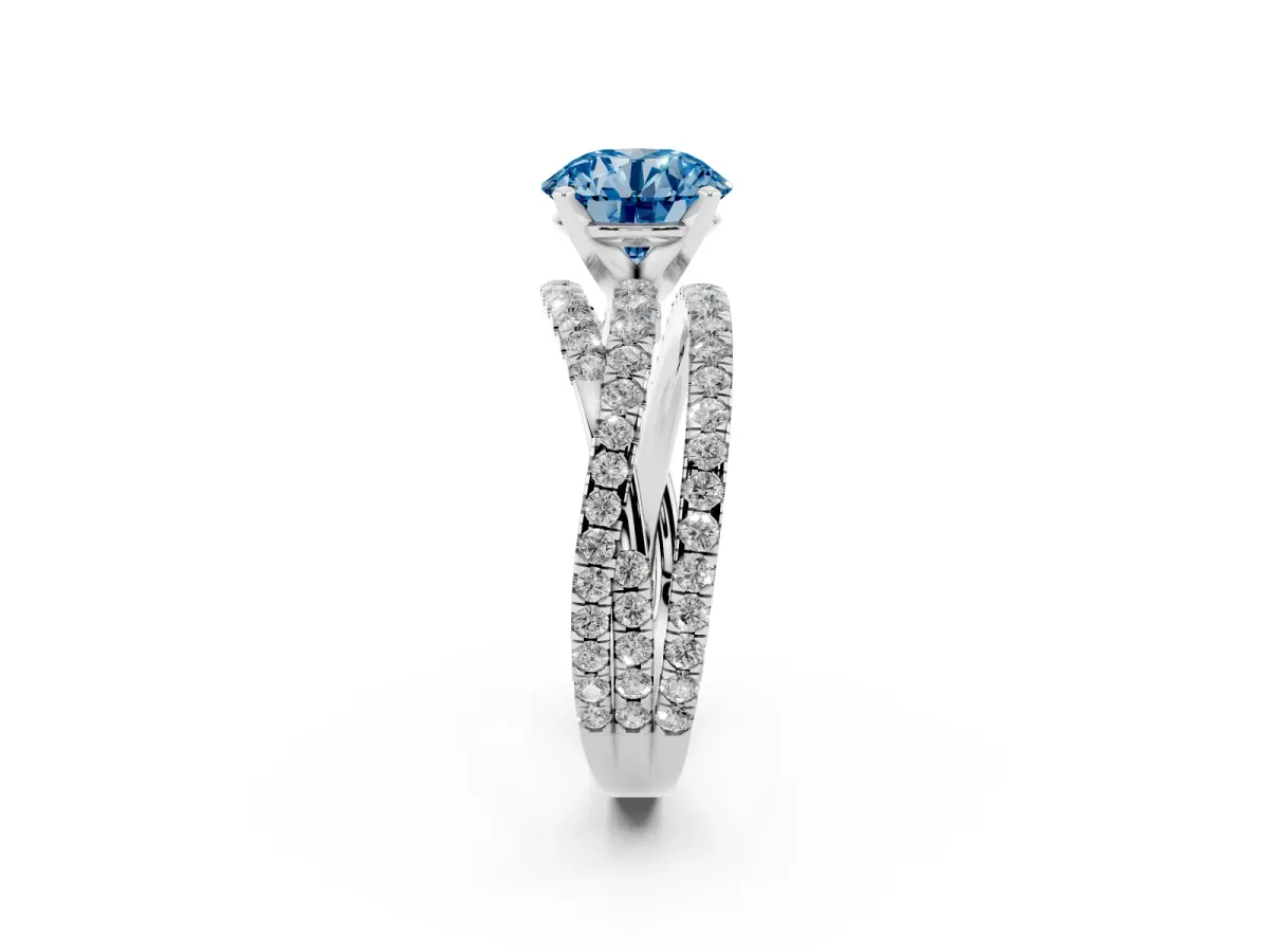 Fancy Blue Round Cut Solitaire Twist Band with Pavé Setting and Four-Prong Setting Silver