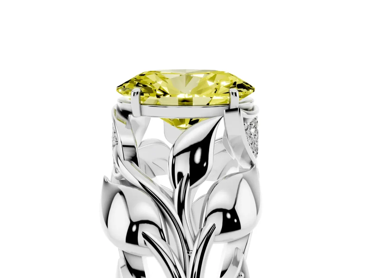 Fancy Yellow Oval Cut Diamond Leaf-Inspired Engagement Ring with Round Accents and Prong Setting White gold