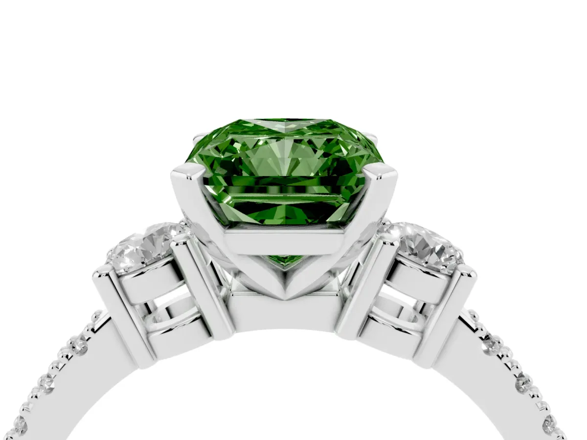 Fancy Green Radiant Cut Three-Stone Diamond Pavé Band with Prong Setting White gold