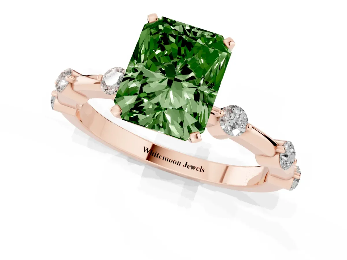 Fancy Green Radiant Cut Solitaire Diamond Ring with Bezel Set Side Stones and Prong Setting Rose gold