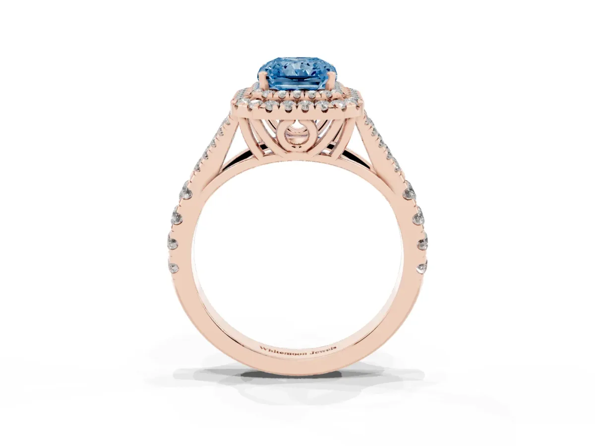Fancy Blue Radiant Cut Diamond Pavé Split Shank Double Halo Engagement Ring Rose gold