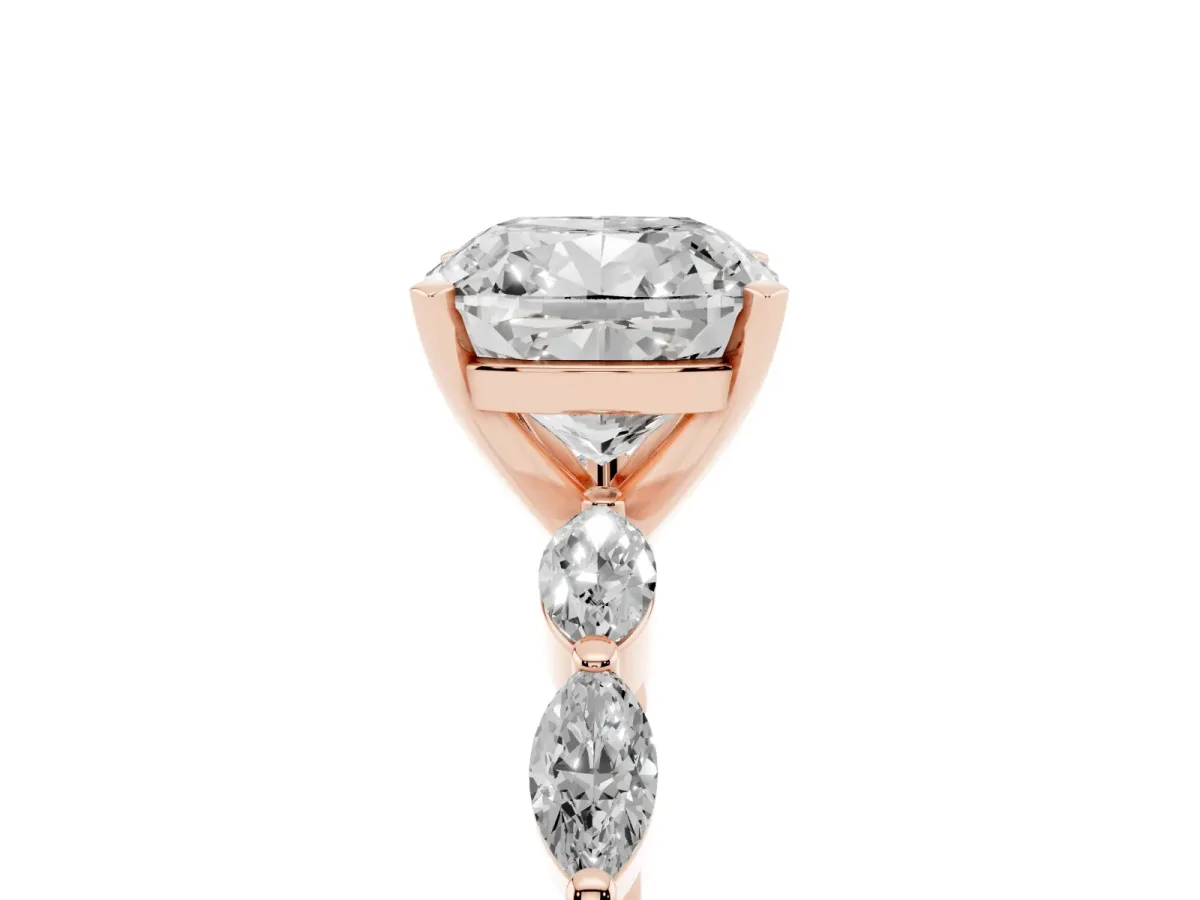 Cushion Cut Diamond Ring with Marquise Side Stones and Prong Setting Rose gold