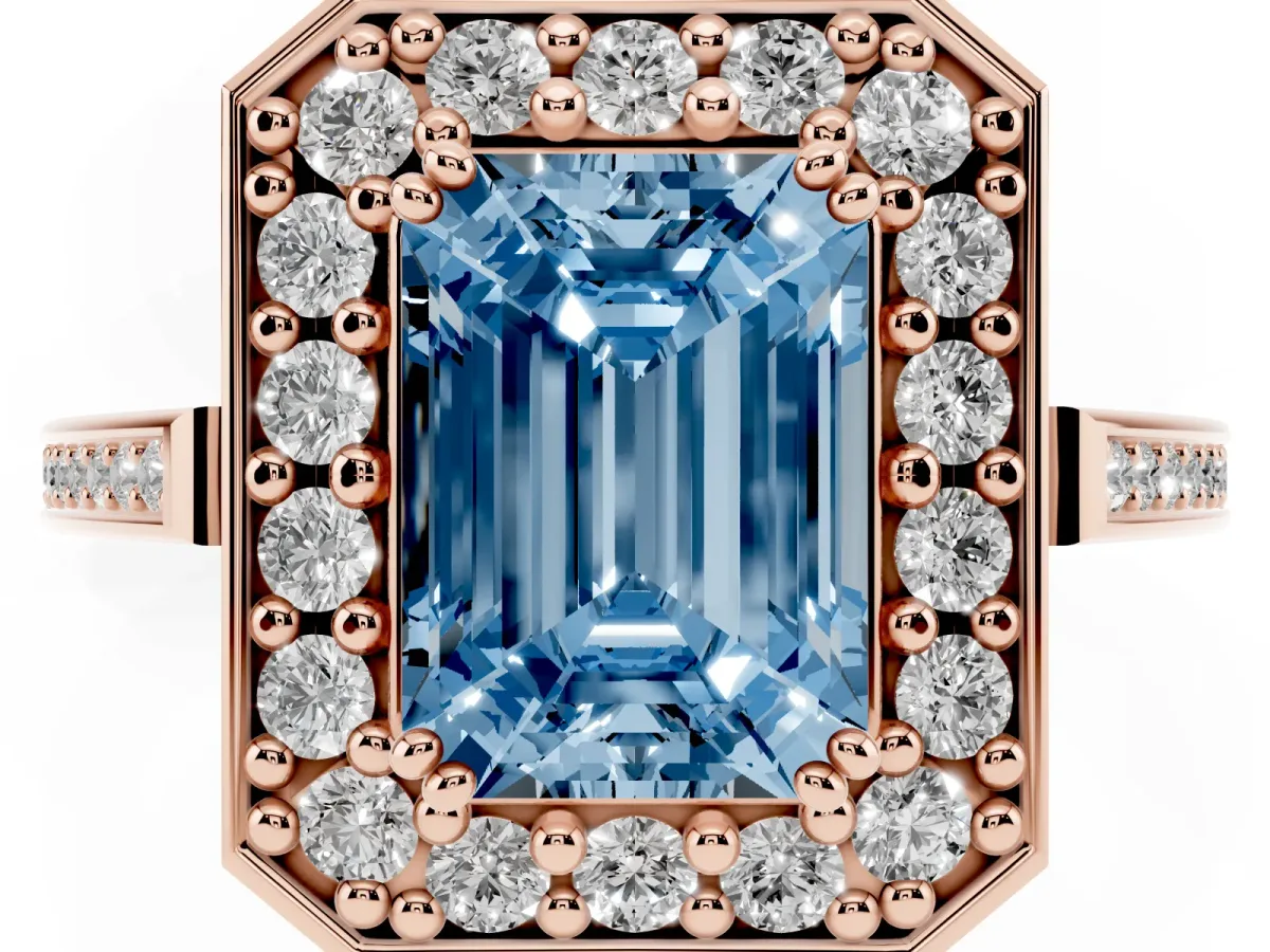 Fancy Blue Emerald Cut Diamond Halo Ring with Split Shank and Four-Prong Setting Rose gold