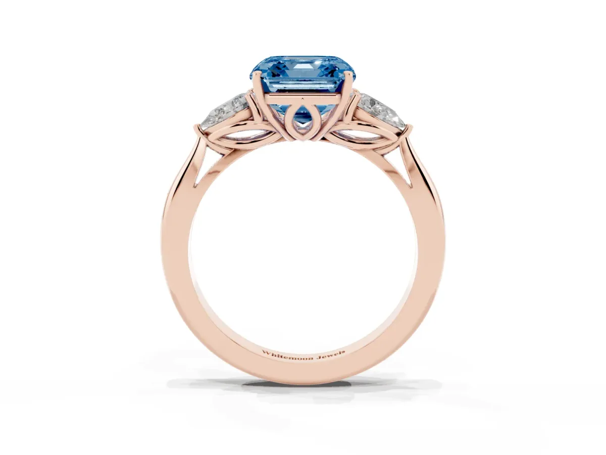 Fancy Blue Three-Stone Asscher Cut Brilliant Diamond Solitaire Ring with Tapered Band and Four-Prong Setting Rose gold