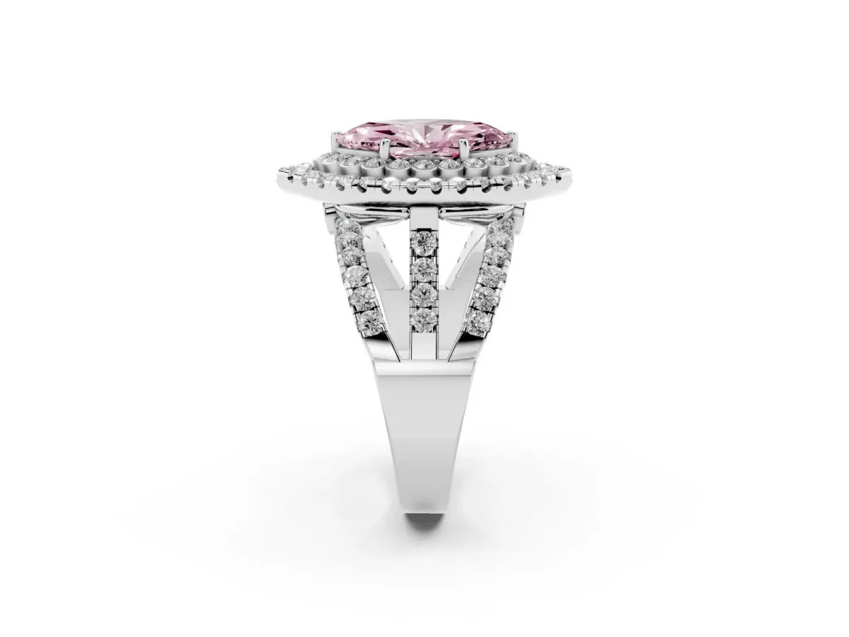 Fancy Pink Marquise Cut Diamond Double Halo Ring with Round Pavé Split Shank and Prong Setting Silver