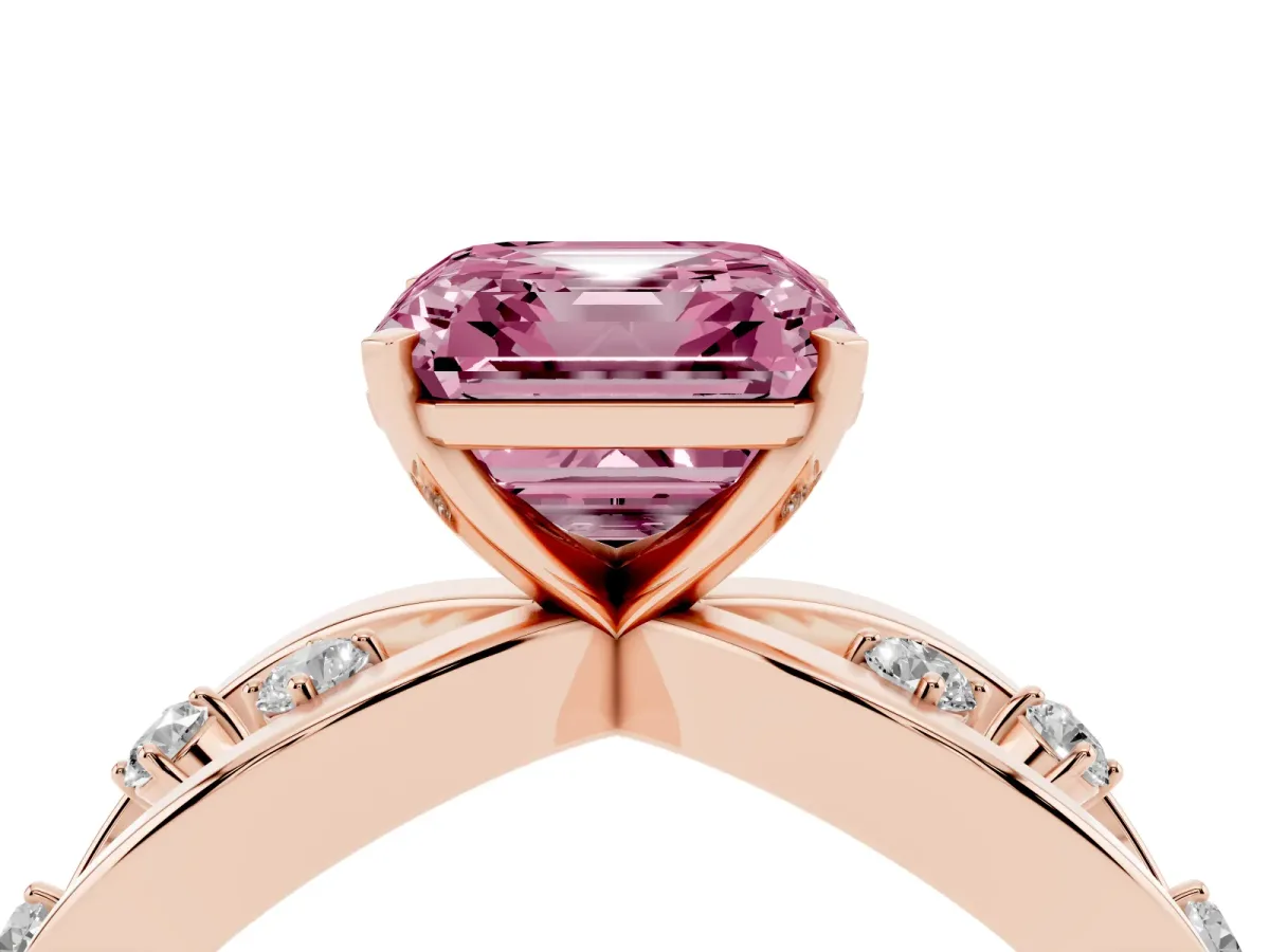 Fancy Pink Asscher Cut Cut Solitaire Diamond with Side Stones on Criss-Cross Band and Four-Prong Setting Rose gold