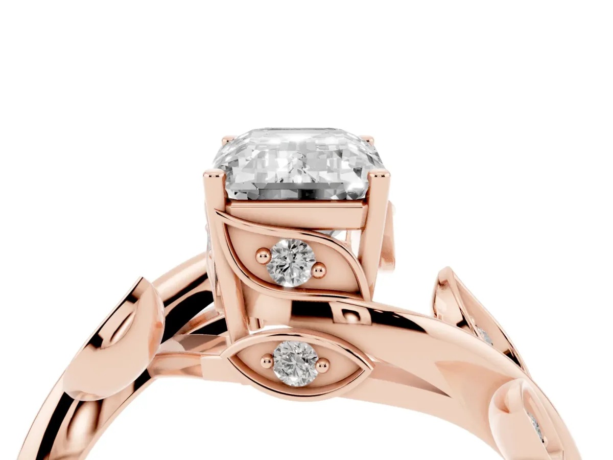 Emerald Cut Solitaire Twist Engagement Ring with Leaf Accents and Prong Setting Rose gold