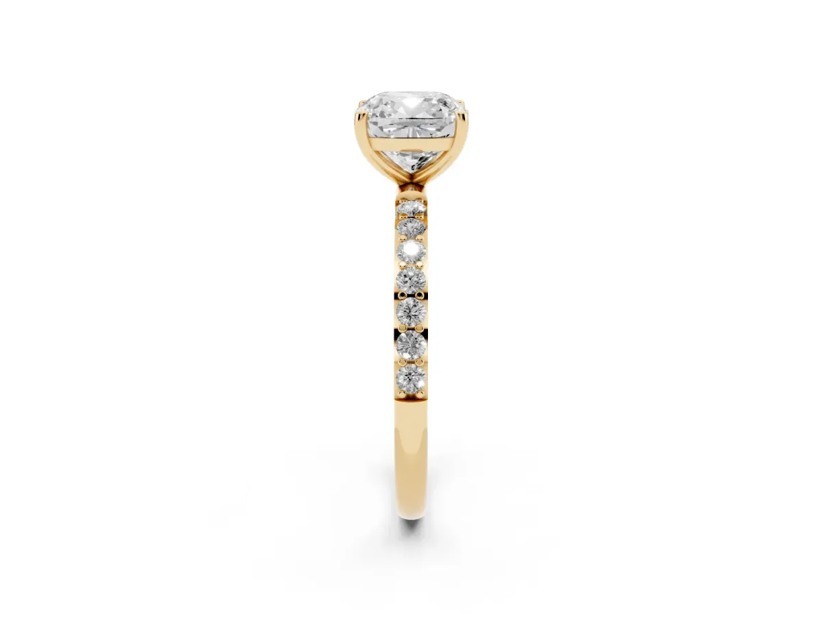Cushion Cut Diamond Solitaire Ring with Round Pavé Shoulders and Prong Setting Yellow gold