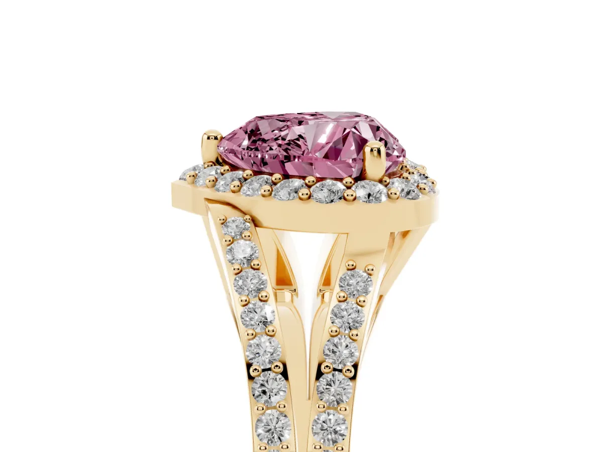 Fancy Pink Heart Cut Halo Split Shank Pave Diamond Ring with Four-Prong Setting Yellow gold