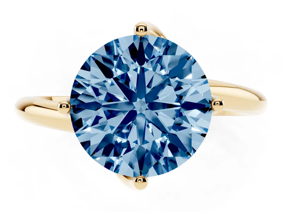Fancy Blue Round Cut Diamond Solitaire Engagement Ring with Four-Prong Setting and Classic Band Yellow gold