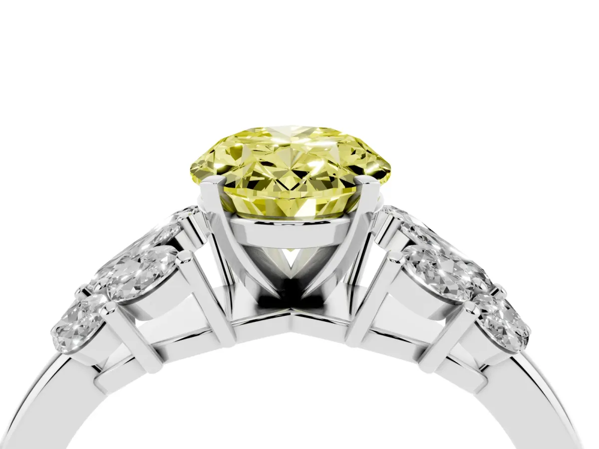 Fancy Yellow Oval Cut Diamond Cluster Leaf Design Ring with Prong Setting Platinum